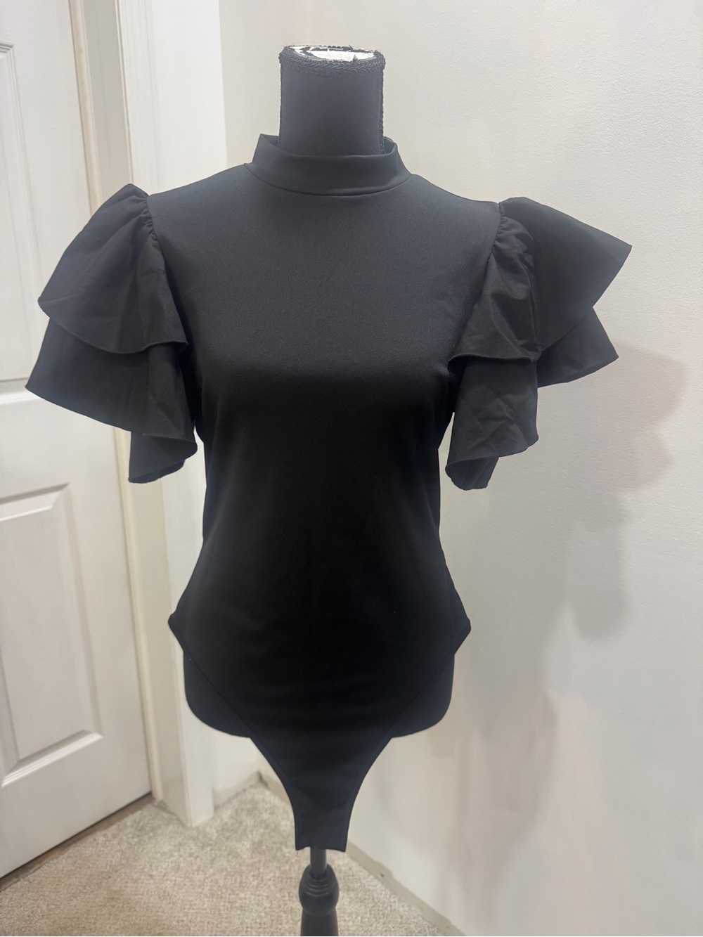 SHEIN Black Mock Neck Ruffle Sleeve Bodysuit
